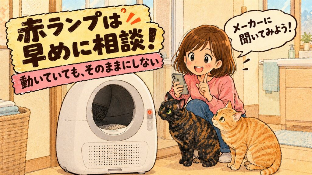 赤いランプが点いた自動トイレの前で、メーカーに相談しようとする女の子のバナー