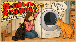猫の自動トイレのサイズをメジャーで測る女の子と、サビ猫・茶トラ猫のイラスト