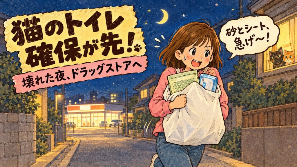 猫砂とシートを抱えて夜道を急ぐ女の子のバナー