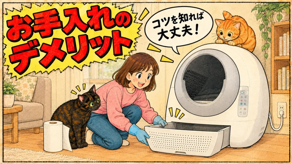 猫の自動トイレのお手入れで困りやすいことを紹介するバナー