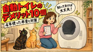 猫の自動トイレのデメリット10個を、チェックリストを持った女の子とサビ猫・茶トラ猫が紹介するイラスト