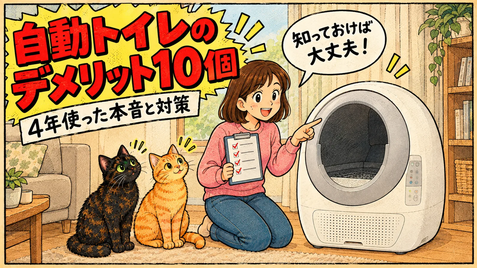 猫の自動トイレのデメリット10個を、チェックリストを持った女の子とサビ猫・茶トラ猫が紹介するイラスト