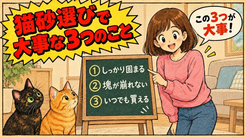 猫砂選びで大事な3つのこと(しっかり固まる・塊が崩れない・いつでも買える)を紹介するバナー
