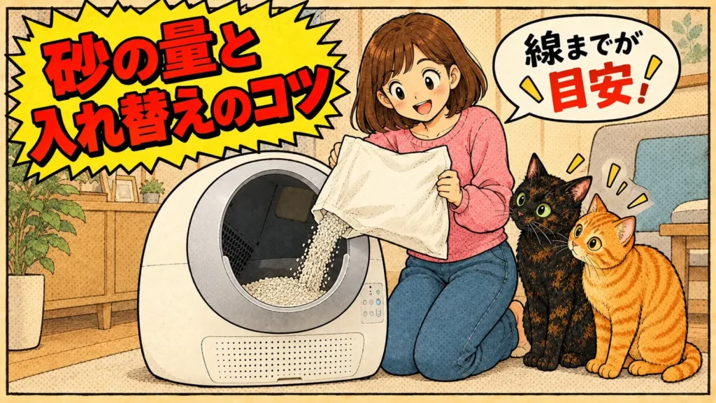 自動トイレに猫砂を入れる量と入れ替えのコツを紹介するバナー