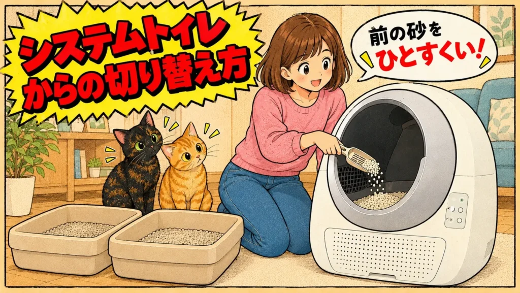 システムトイレの砂をスコップですくって自動トイレに入れ、切り替え方を紹介するバナー