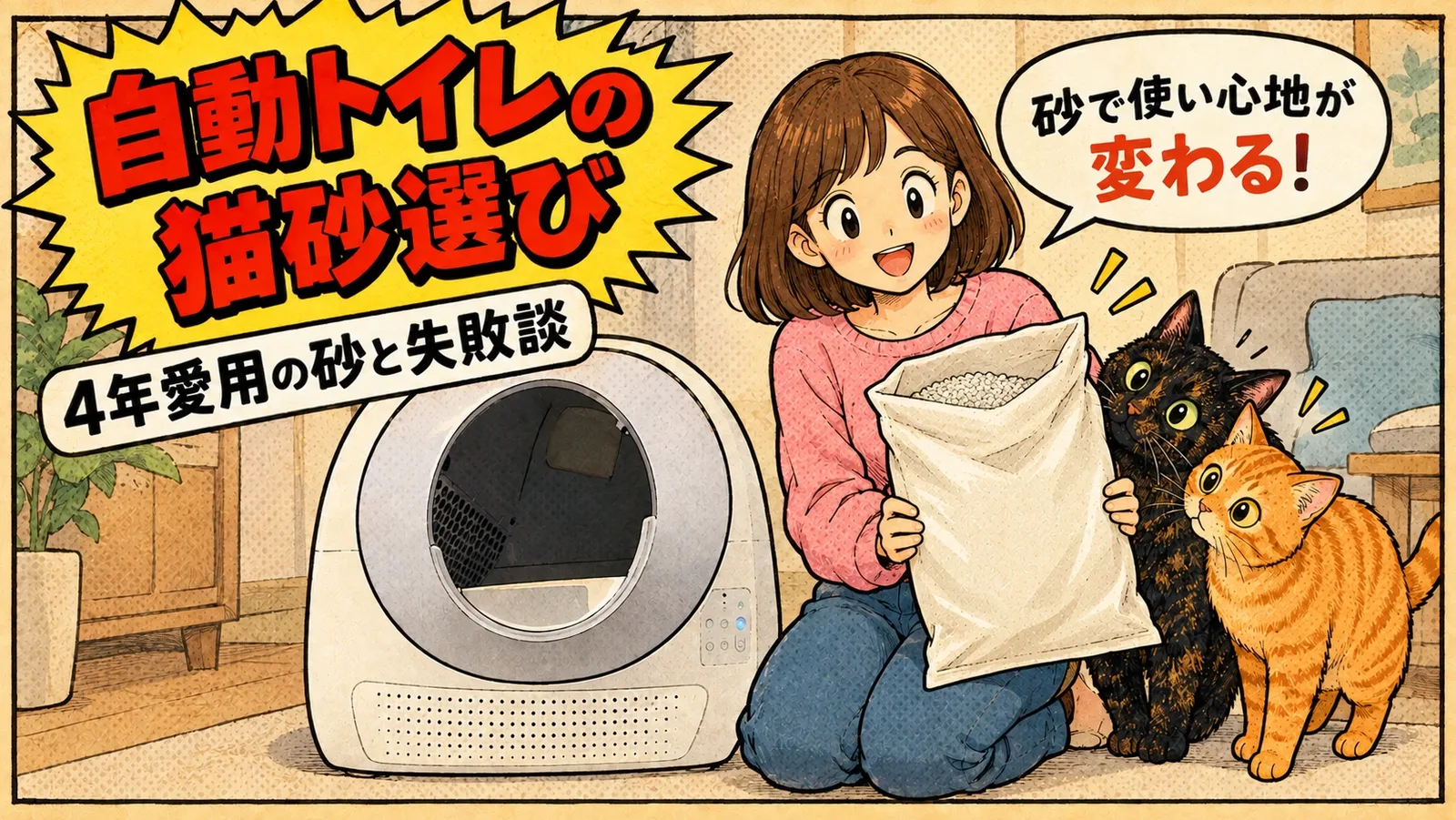 自動トイレの横で猫砂の袋を見せる女の子と、のぞきこむサビ猫と茶トラ猫