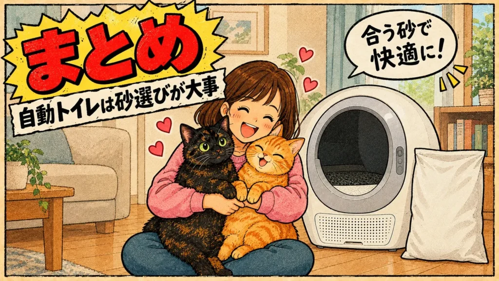 自動トイレと猫砂の袋のそばで、サビ猫と茶トラ猫を抱きしめる女の子のまとめ画像