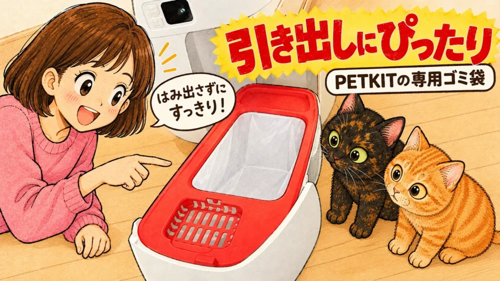 引き出しに専用のゴミ袋がぴったり収まっているのを見て喜ぶ女の子と、のぞきこむサビ猫と茶トラ猫