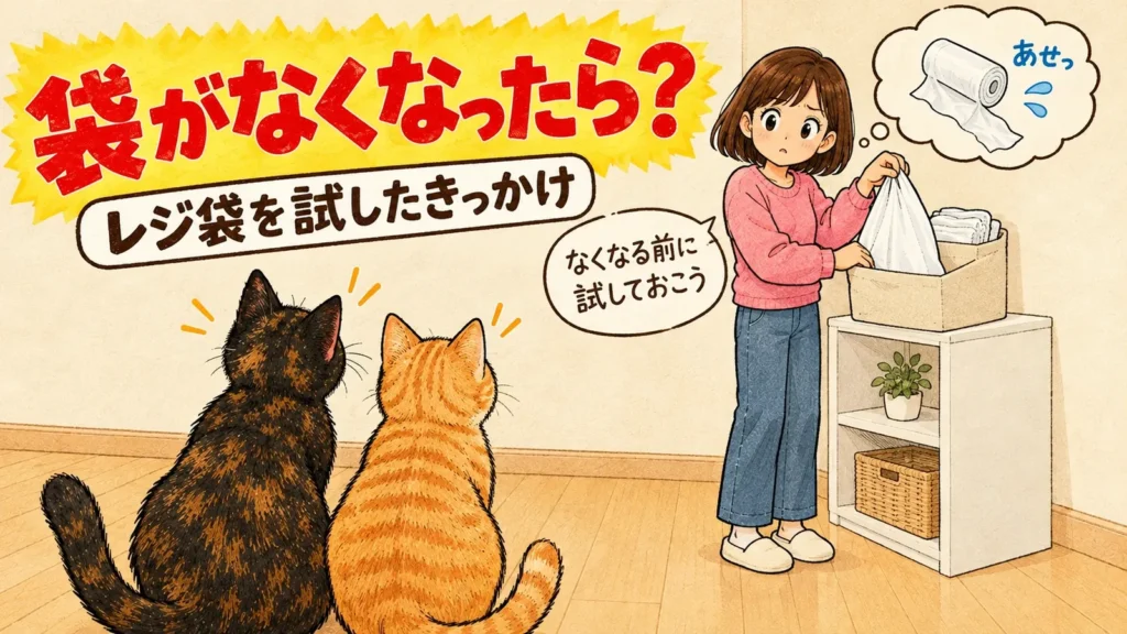 専用の袋がなくなったら…と心配しながらレジ袋を取り出す女の子と、後ろ姿で見上げるサビ猫と茶トラ猫