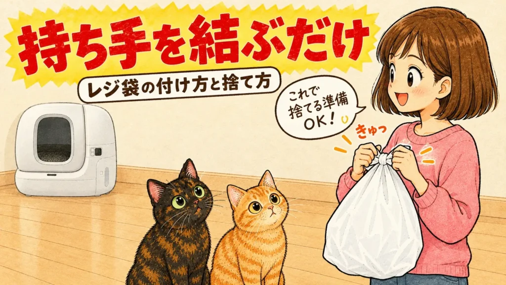 ゴミの入ったレジ袋の持ち手を結ぶ女の子と、見上げるサビ猫と茶トラ猫