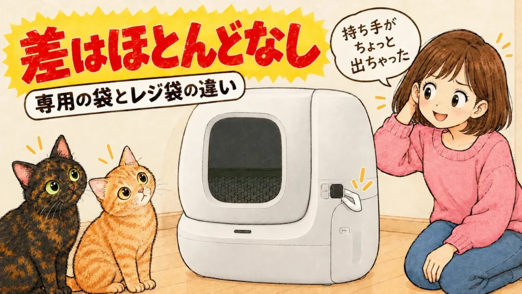 閉じた引き出しからレジ袋の持ち手が少しはみ出して照れ笑いする女の子と、見つめるサビ猫と茶トラ猫