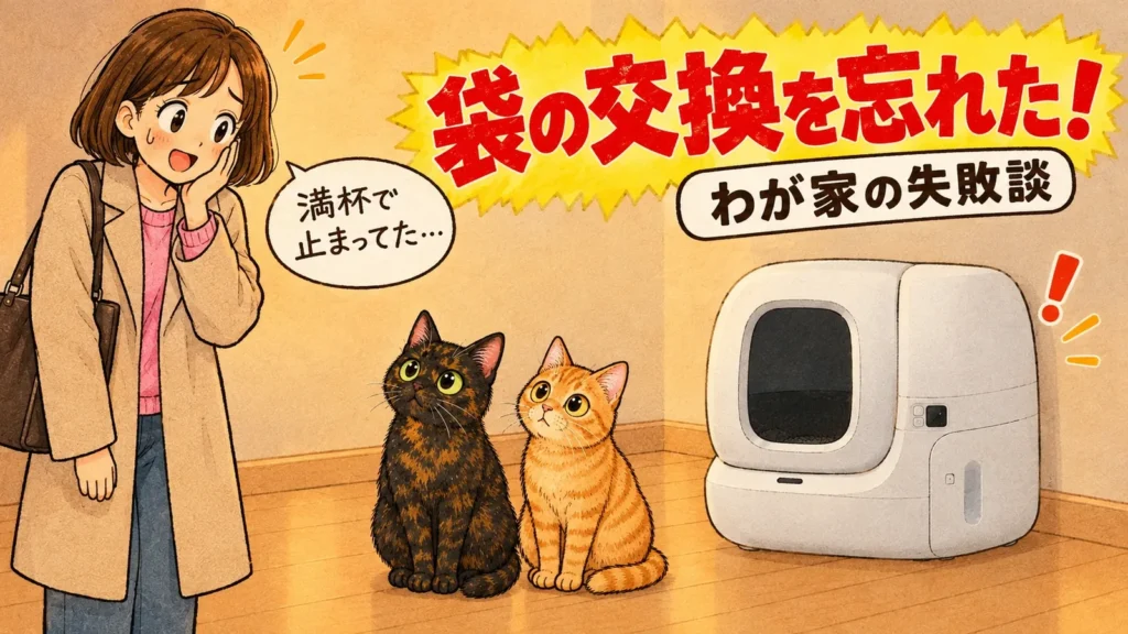 仕事から帰って、満杯で止まった自動トイレに気づき苦笑いする女の子と、見上げるサビ猫と茶トラ猫