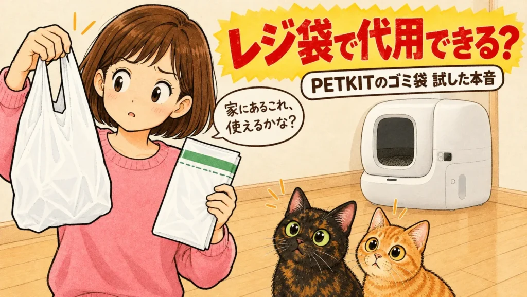 レジ袋と専用のゴミ袋を持って、代用できるか考える女の子と2匹の猫