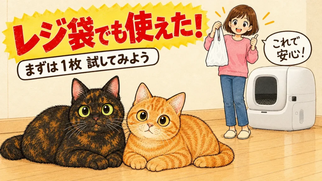 レジ袋を手に親指を立てて笑う女の子と、手前で寄りそって寝そべるサビ猫と茶トラ猫