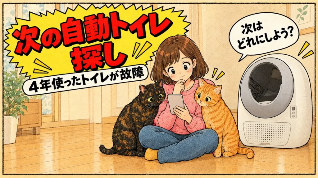 止まった自動トイレの前で、スマホで次の自動トイレを調べる女の子とサビ猫と茶トラ猫