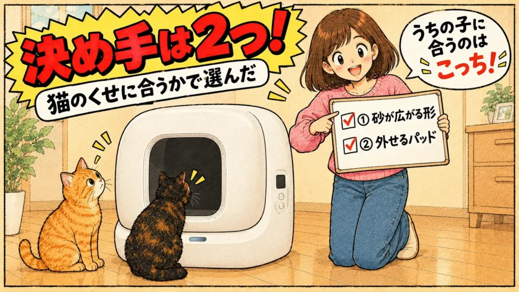 白い自動トイレの横で、決め手2つを書いたボードを持つ女の子と、入り口をのぞくサビ猫と茶トラ猫
