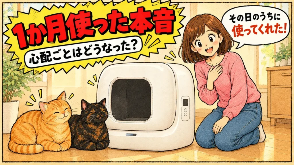 白い自動トイレの前でくつろぐサビ猫と茶トラ猫を見て、胸に手を当てて喜ぶ女の子