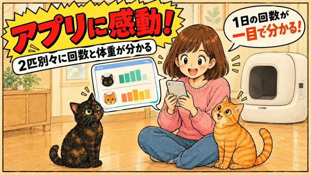 スマホのアプリで2匹のトイレの記録を見て感動する女の子と、見上げるサビ猫と茶トラ猫