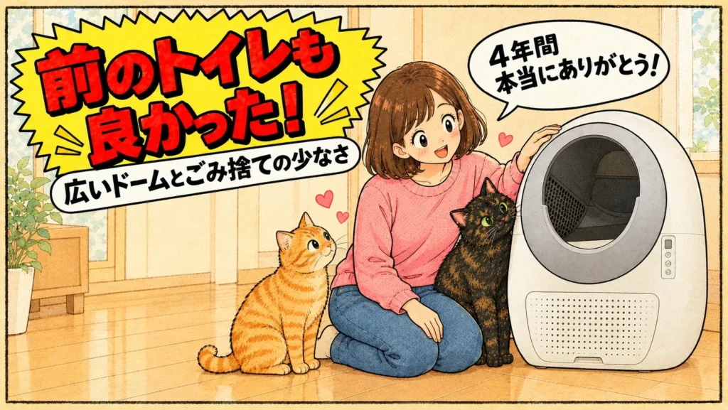 4年使った自動トイレをなでて感謝する女の子と、寄りそうサビ猫と茶トラ猫