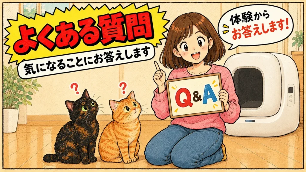 Q&Aのボードを持って質問に答える女の子と、見上げるサビ猫と茶トラ猫