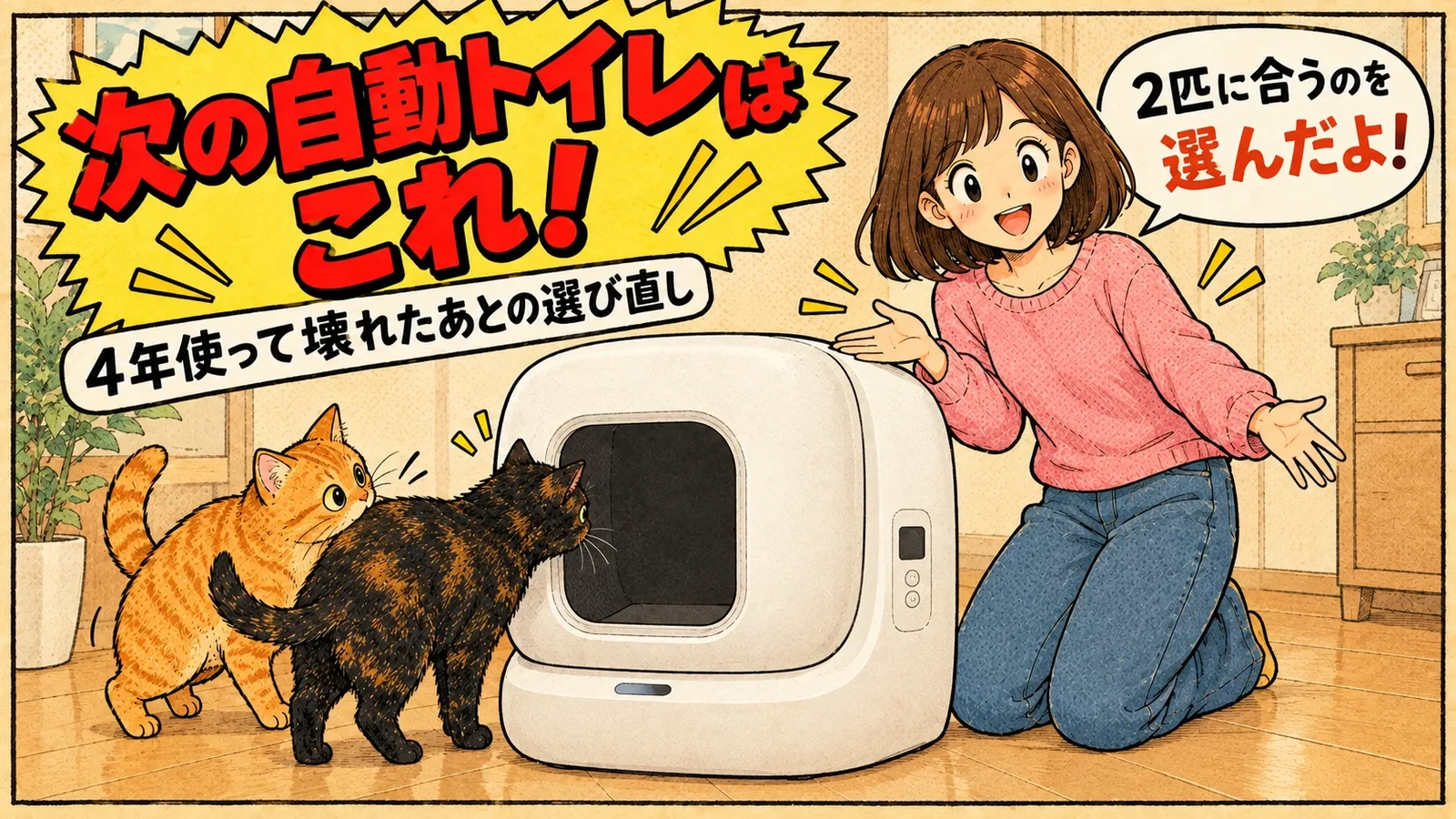 新しい白い自動トイレを紹介する女の子と、入り口をのぞくサビ猫と茶トラ猫