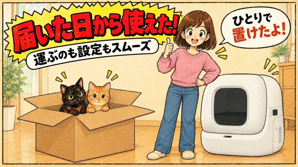 段ボール箱から顔を出すサビ猫と茶トラ猫と、設置した白い自動トイレの横で親指を立てる女の子