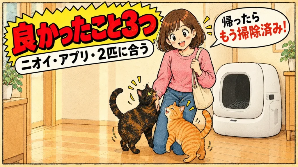 仕事から帰った女の子を出迎えるサビ猫と茶トラ猫と、玄関ホールに置いた白い自動トイレ