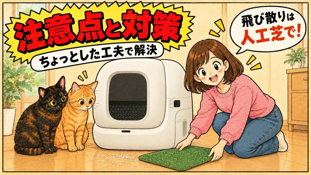 白い自動トイレの入り口の前に人工芝を敷く女の子と、並んで見守るサビ猫と茶トラ猫