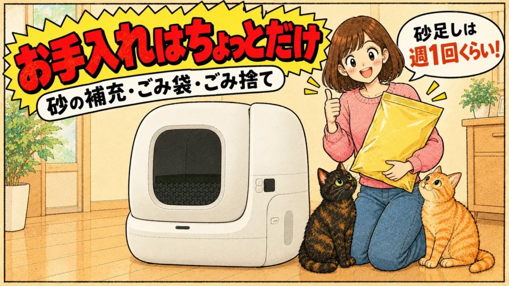 白い自動トイレの横で猫砂の袋をかかえて親指を立てる女の子と、袋を見上げるサビ猫と茶トラ猫