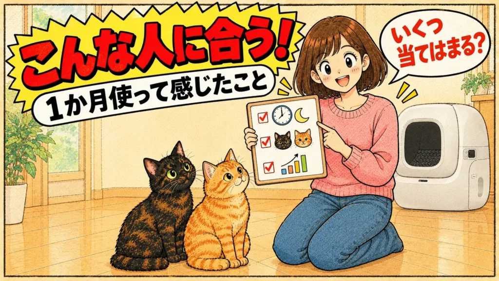 時計と猫2匹とグラフの絵が描かれたボードを指さす女の子と、見上げるサビ猫と茶トラ猫