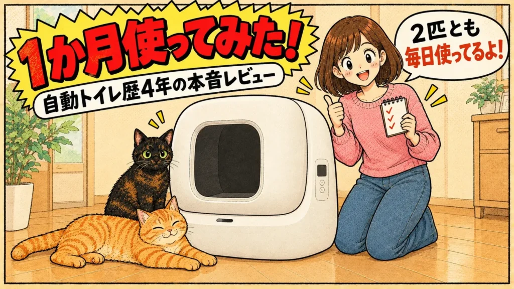 白い自動トイレの横で親指を立てる女の子と、くつろぐサビ猫と茶トラ猫