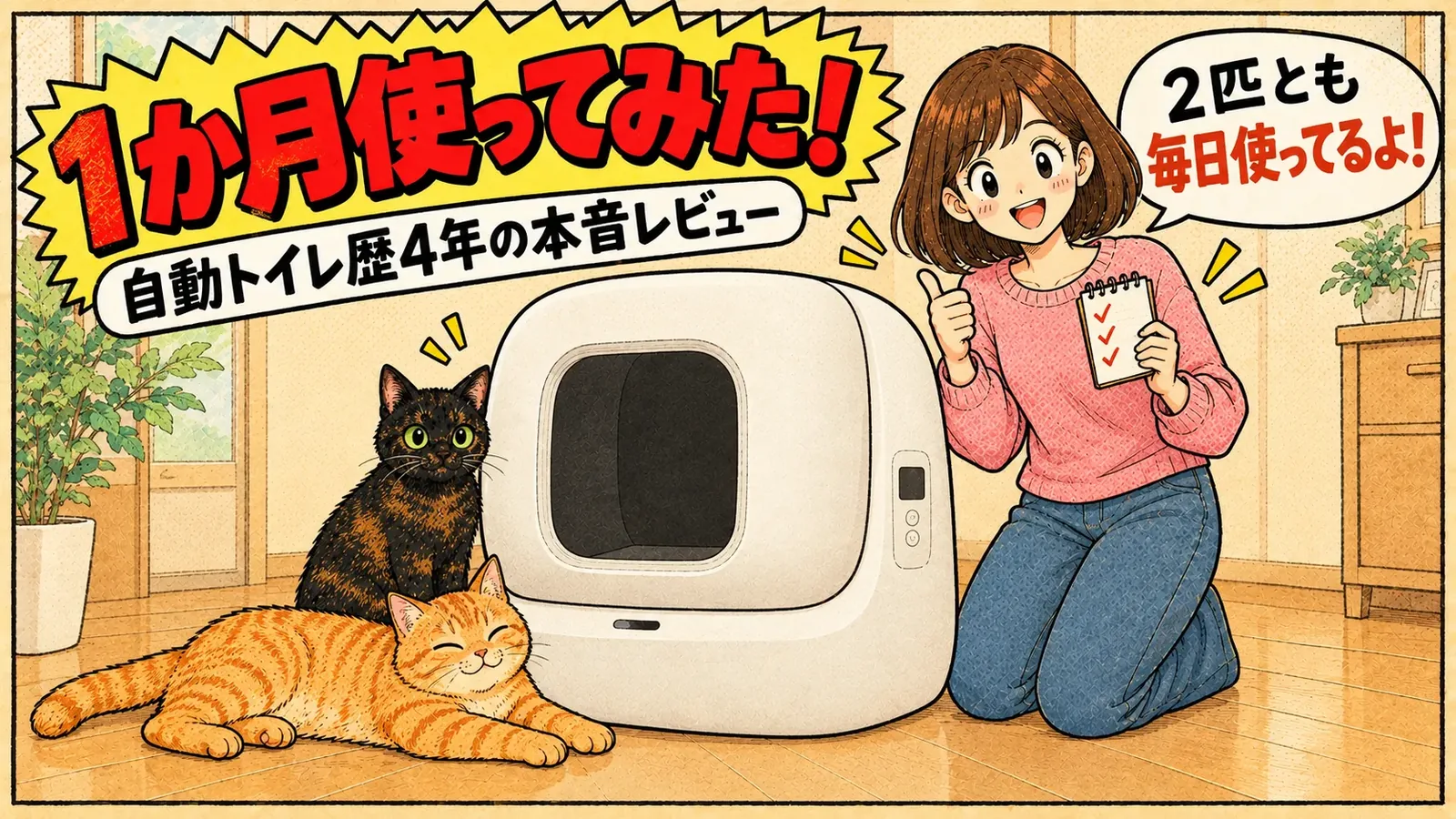 白い自動トイレの横で親指を立てる女の子と、くつろぐサビ猫と茶トラ猫