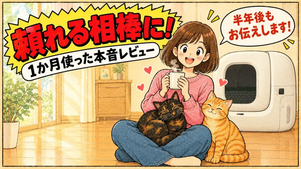 マグカップを持ってくつろぐ女の子と、ひざの上で丸くなるサビ猫と、寄りそう茶トラ猫