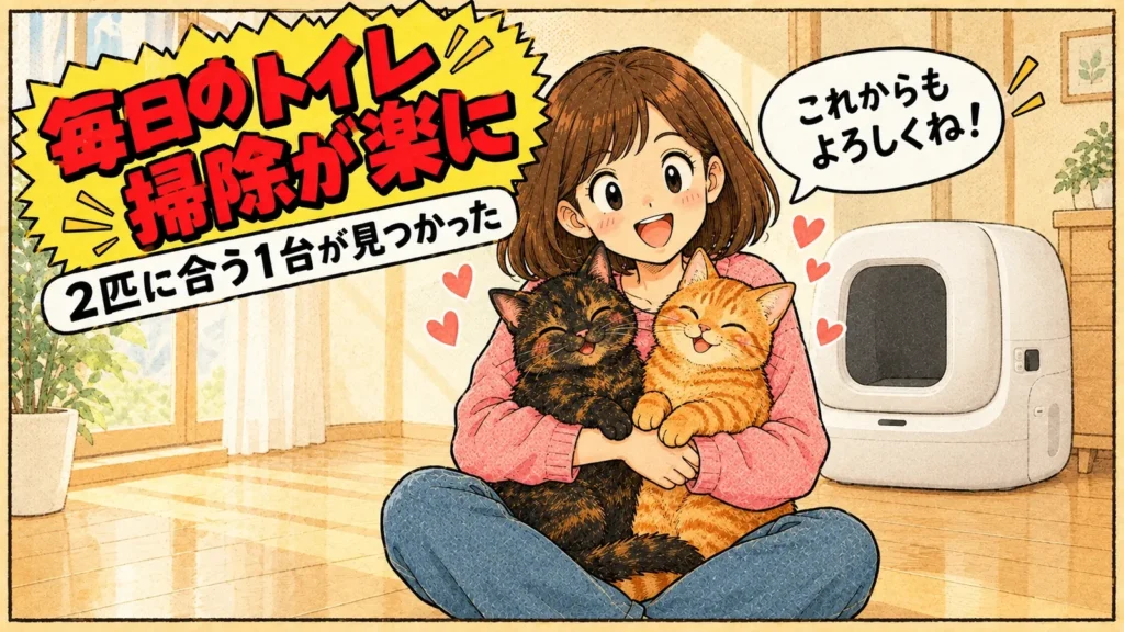 PETKITの自動トイレの前で、サビ猫と茶トラ猫を抱きしめて笑う女の子