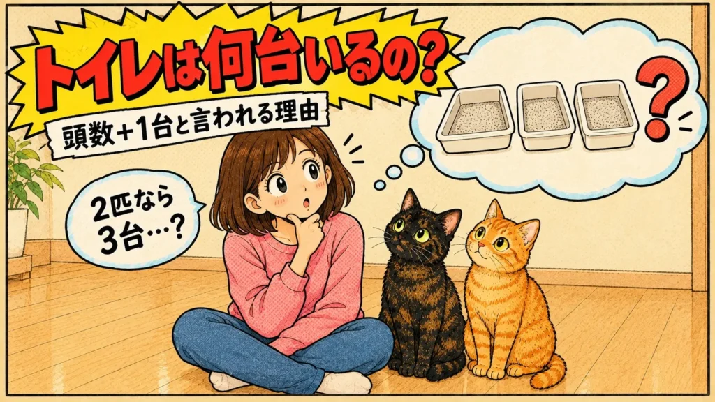 猫のトイレは何台いるのか考える女の子と、見上げるサビ猫と茶トラ猫