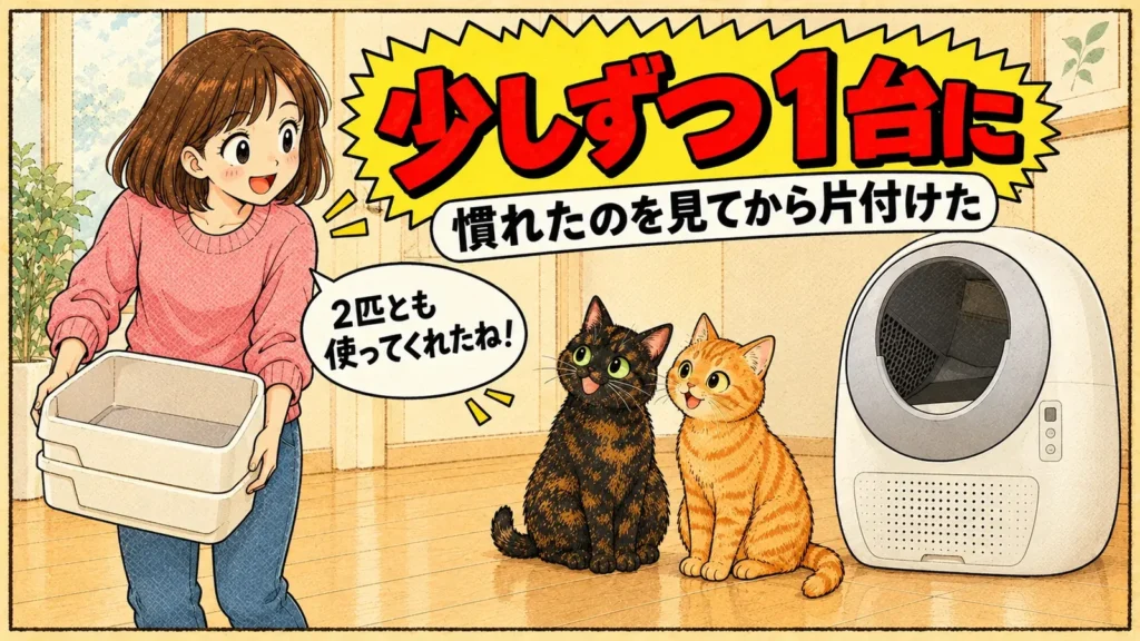 前のトイレを片付ける女の子と、丸い自動トイレの前に並ぶサビ猫と茶トラ猫