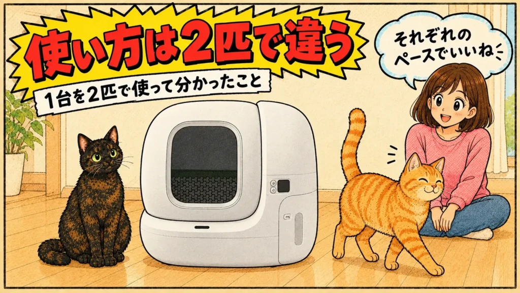 自動トイレの横で落ち着いて座るサビ猫と、しっぽを立てて歩く茶トラ猫を見守る女の子