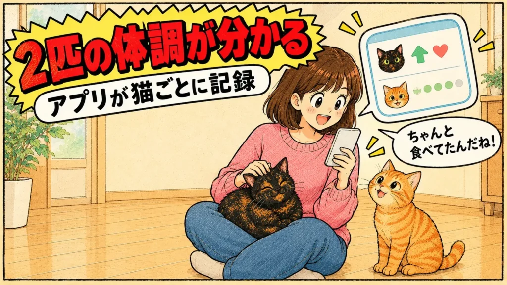 スマホのアプリを見ながら、ひざの上のサビ猫をなでる女の子と、見上げる茶トラ猫