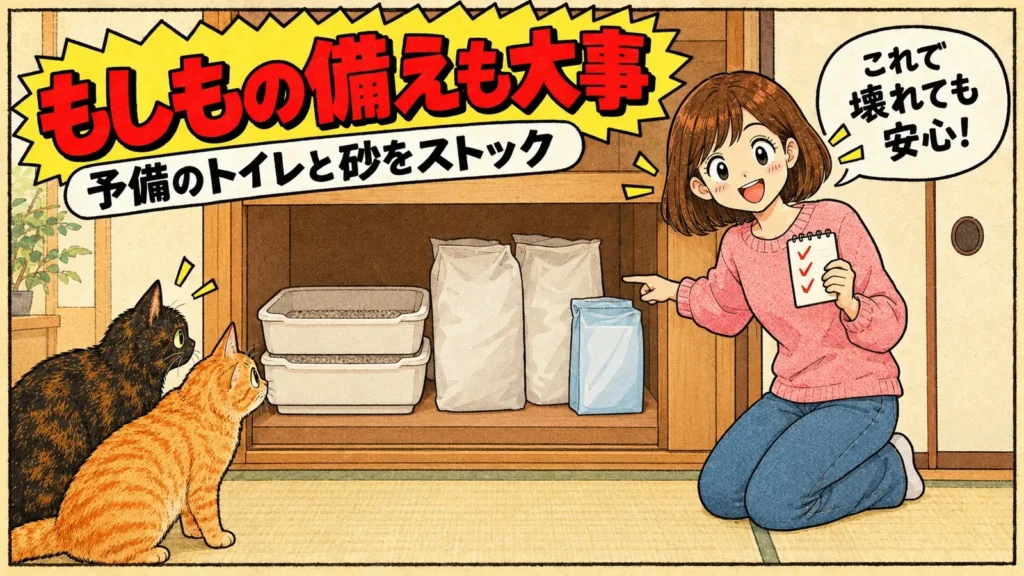 押し入れの予備のトイレと猫砂のストックを指さす女の子と、のぞきこむサビ猫と茶トラ猫