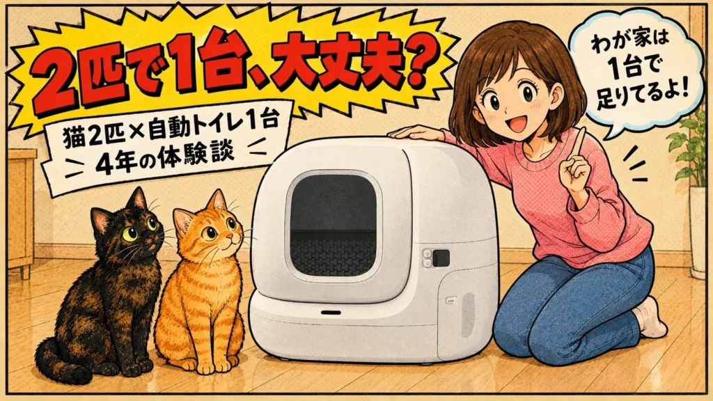 1台の自動トイレの前に並んで座るサビ猫と茶トラ猫と、指を1本立てる女の子