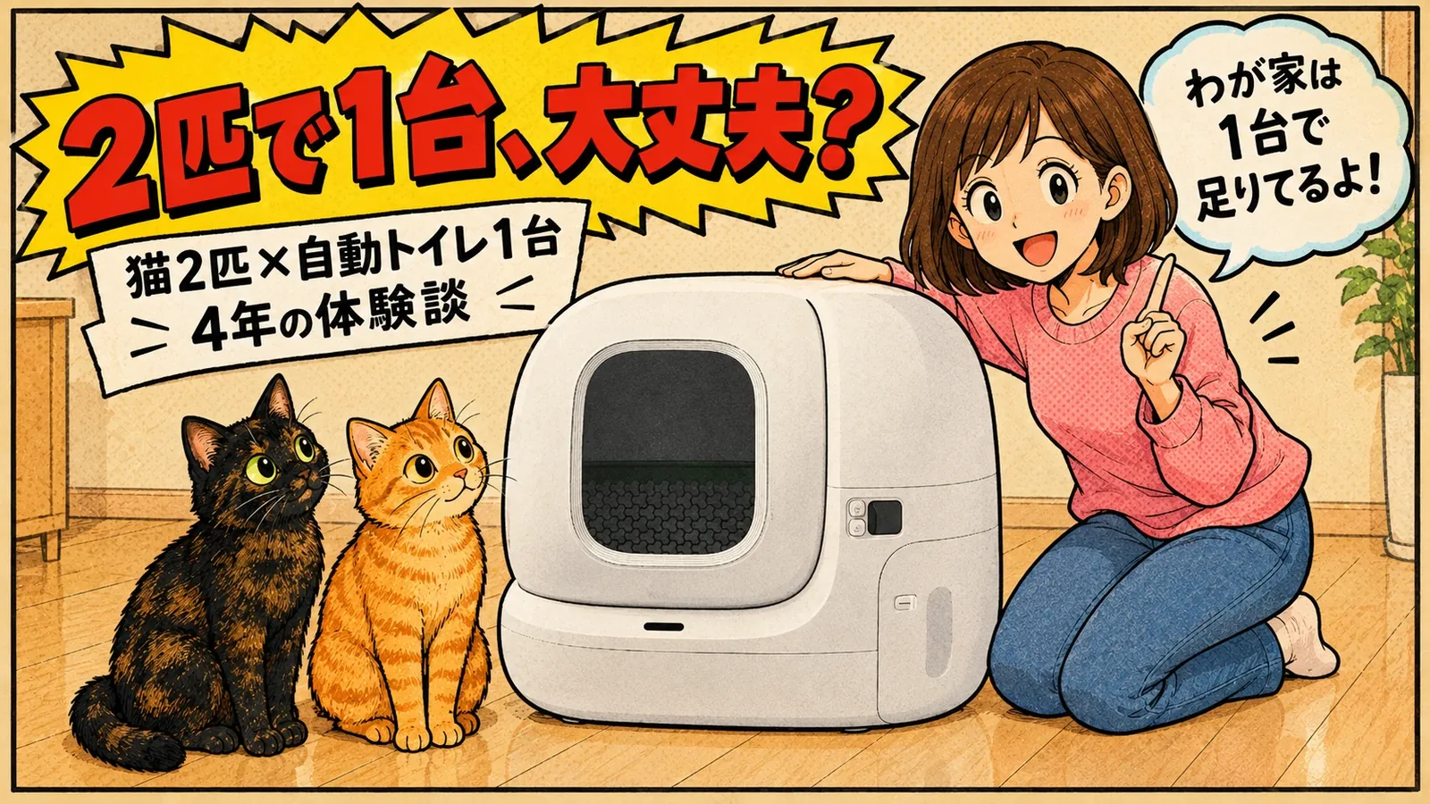 1台の自動トイレの前に並んで座るサビ猫と茶トラ猫と、指を1本立てる女の子