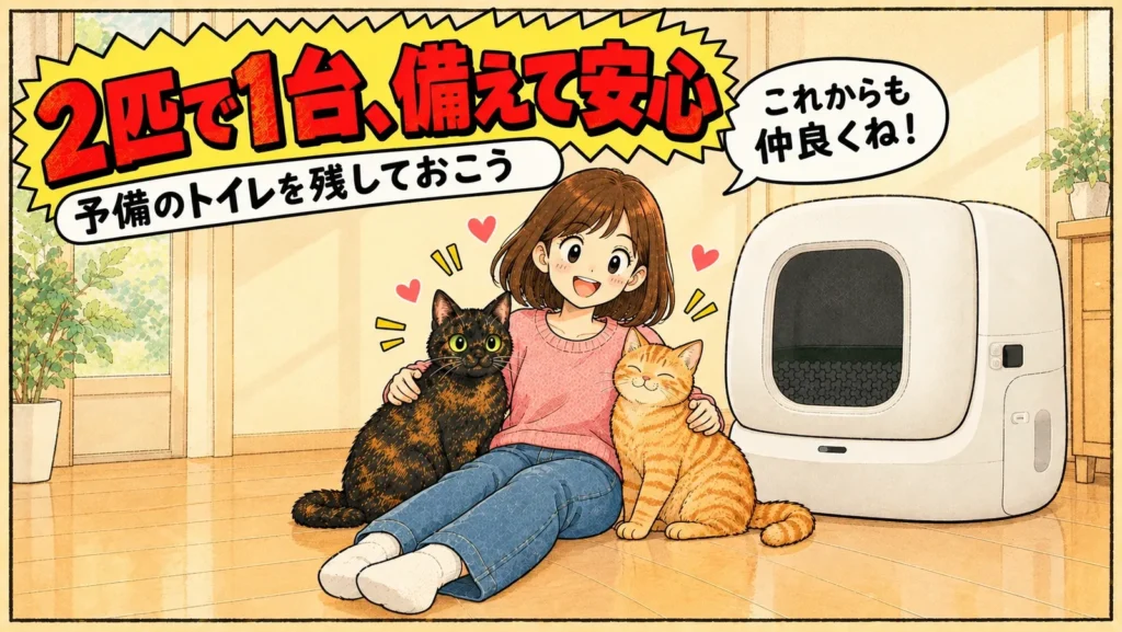 自動トイレの横で、寄りそうサビ猫と茶トラ猫をなでる女の子